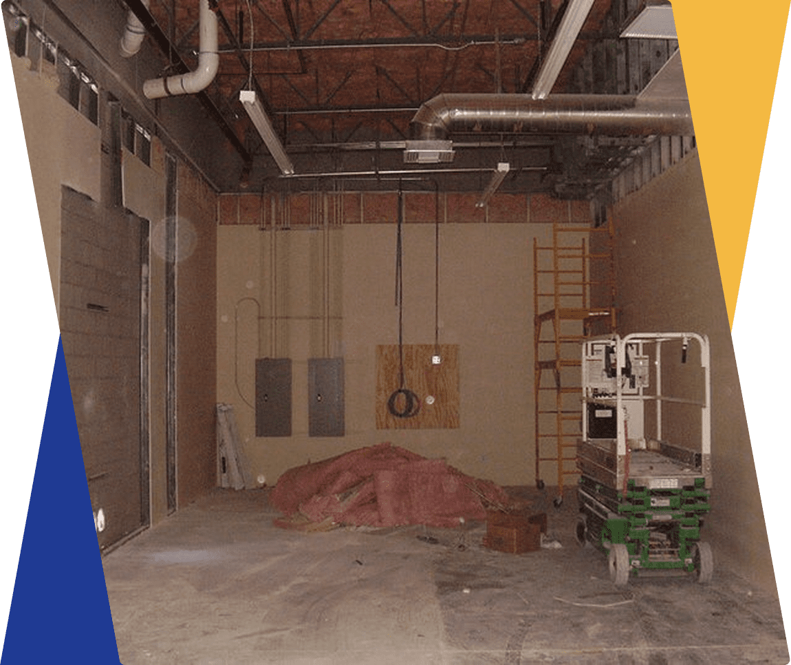 Construction site with equipment and materials inside.