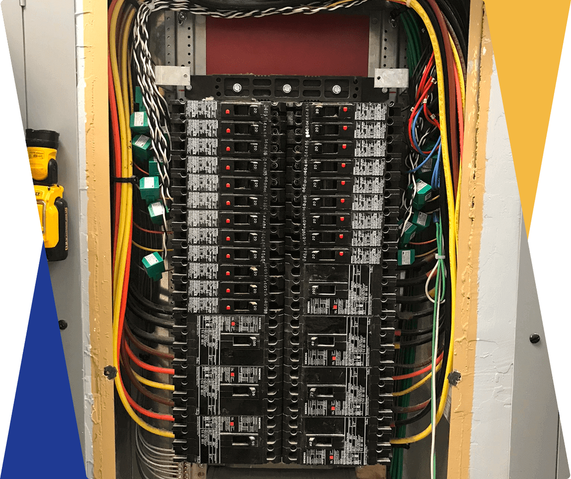 Electrical panel with colorful wiring and breakers.