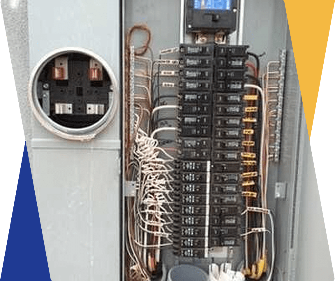 Electrical panel with circuit breakers and wires.