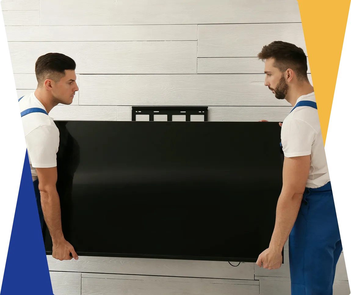 Two men mounting a flat-screen TV.