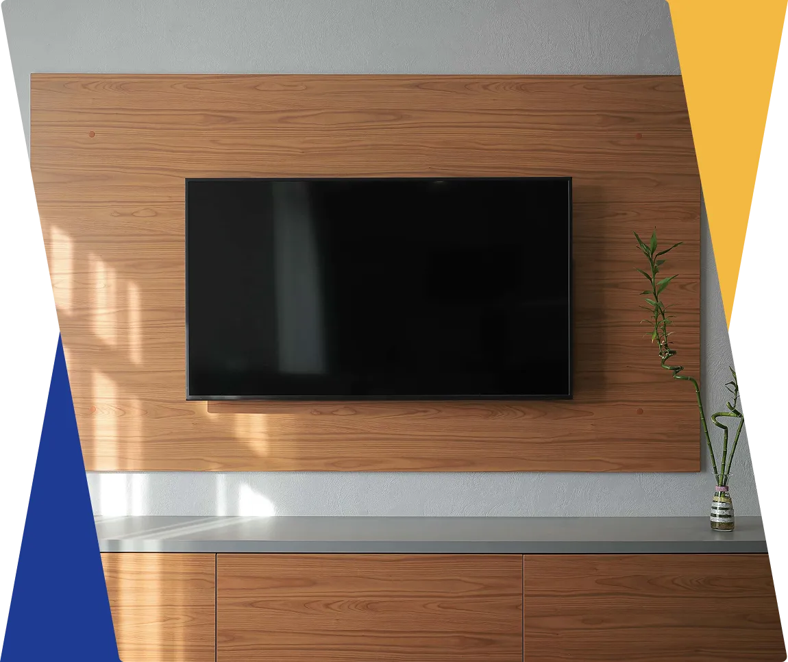 Wall-mounted TV on wooden panel with plant.
